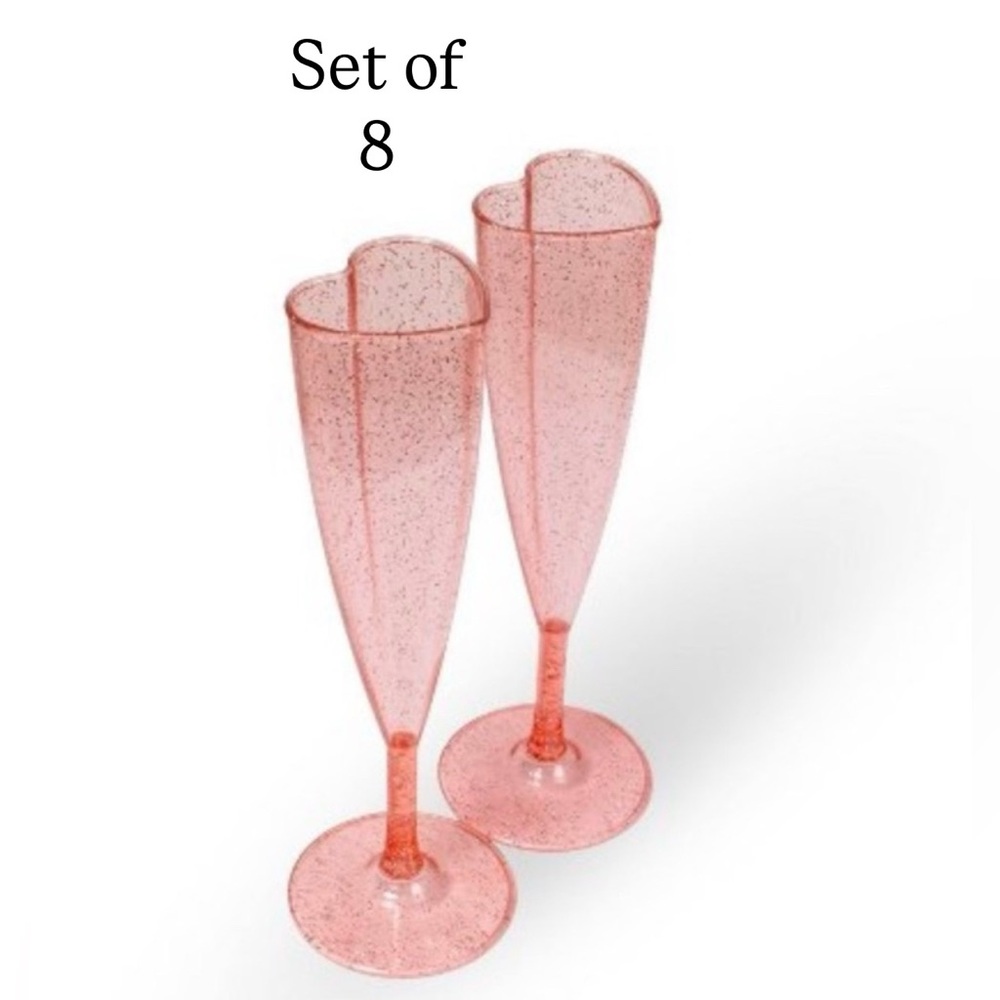 8 Valentine Heart Plastic Chamagne Flutes Glitter Pink Disposable Galentine